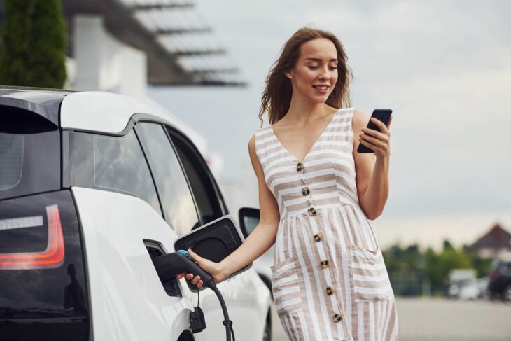 Young woman using SmartPhone & Charging EV