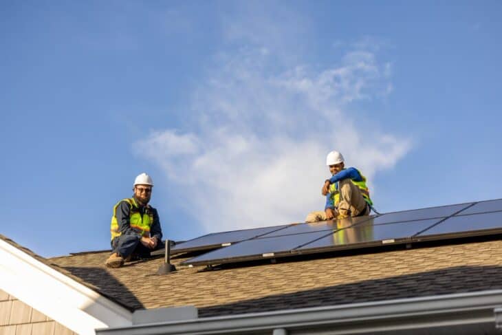 workers on roof installing solar panels