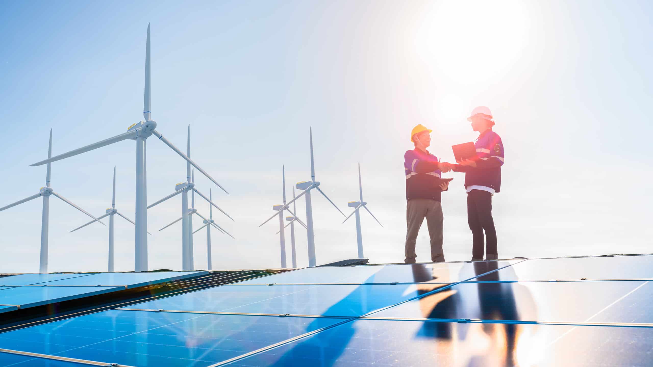 two utility professionals standing in front of ground-mount solar panels and wind turbines