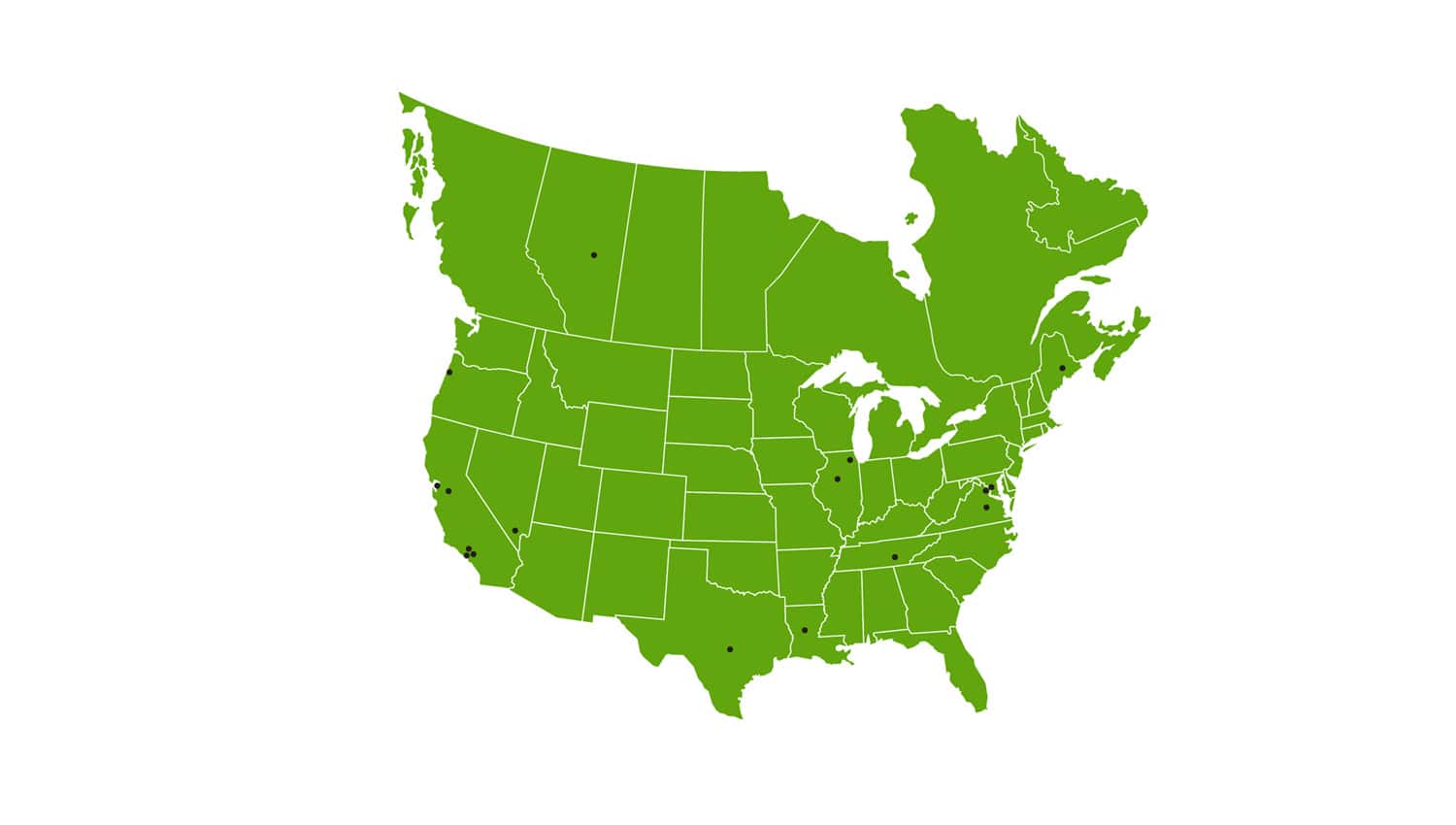 Map of DVI partner and customer locations in the US and Canada